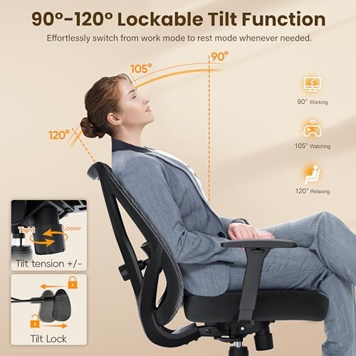 Ergonomic Office Chair, Mesh Computer Desk Chairs with BIFMA X5.1 Certified, Adjustable Lumbar Support, 3D Arm, Tilt Back, Wide Seat, Comfy Swivel Work Task Chair for Company and Home (Onyx Black) - Image 7