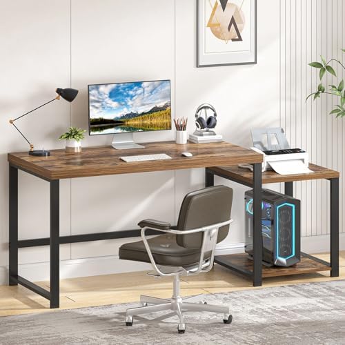 FOLUBAN Large Computer Desk for Home Office with Printer Space, Wood Study Gaming Workstation Table with Storage Shelves, Long Writing Desk for Bedroom Living Room, Rustic Brown, 63 Inch by FOLUBAN