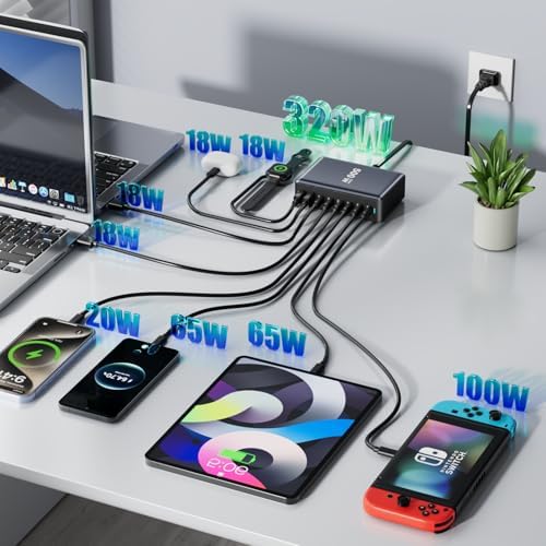 320W Fast Charging 8 Port USB C Charger Block, Multi-Device USB Charging Station Wall Desktop Charger with GaN Ⅲ Technology, USB-C Charger Adapter for MacBook/iPad/iPhone 16/Samsung Galaxy/DELL/HP - Image 2