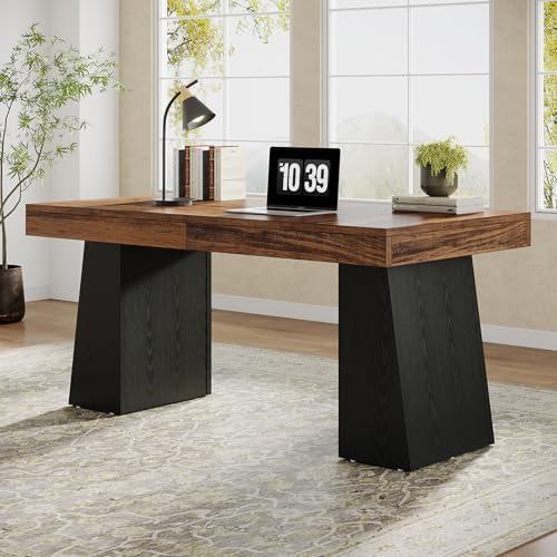 Tribesigns 55" Executive Desk, Wooden Office Desk with Double Pedestal, Modern Simple Computer Writing Table for Home Office, Brown & Black by Tribesigns