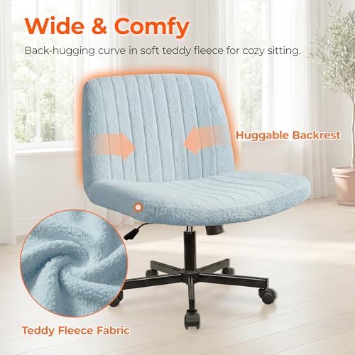 Orange Factory Criss Cross Chair with Wheels, Wide Vanity Seat, Blue Teddy - Image 3