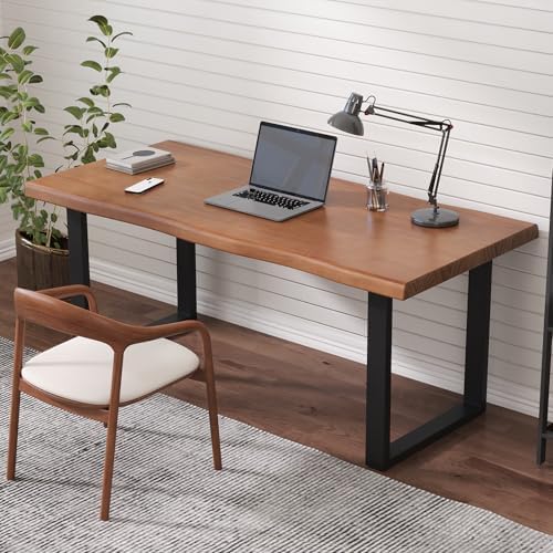 Solid Wood Office Desk, 55.12" Tan Executive Computer Desk with Heavy-Duty Metal Base, Multi-Purpose Desk/Dining Table, Ideal for Home Office & Work Environments - Image 6