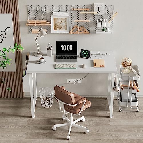 Lufeiya White Computer Desk with Power Outlet, 40 inch Simple Teen Study Table Home Office Work Writing Desks with Charging Station Outlets USB Port Built in, Storage Pocket，White - Image 2