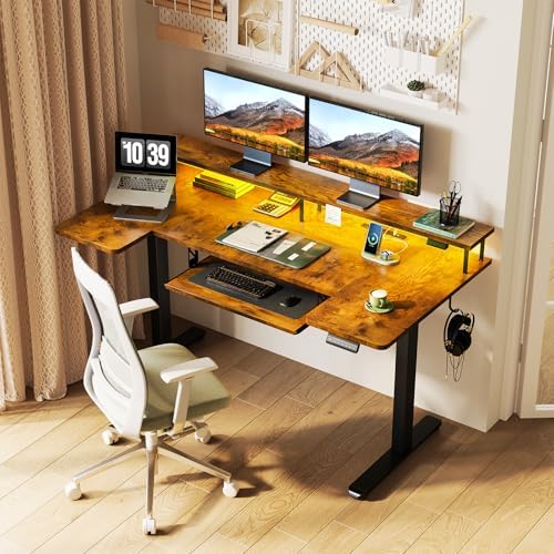 OffiGo 55 Inch U Shaped Standing Desk with Keyboard Tray, Rustic Brown - Image 2