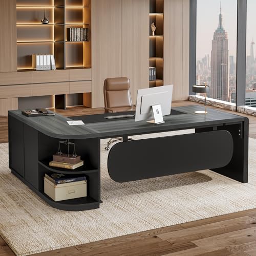 Tribesigns 81‘’ L-Shaped Executive Desk, Large Modern Office Desk with Drawers and File Cabinet for Home or Business Workspace, Grey & Black Computer Desk with Storage Shelves by Tribesigns