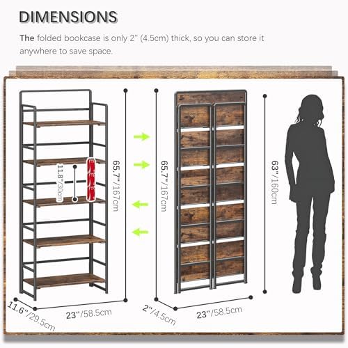 4NM No Assembly 5 Tier Folding Bookshelf Tall Storage Shelves Vintage Bookcase Standing Racks Study Organizer Home Office - Image 2
