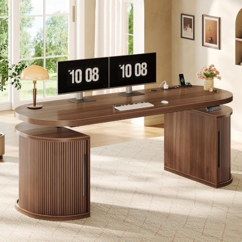 SEDETA 57" Standing Desk with Storage, Electric Height Adjustable Executive Fluted Desk with Curved Cabinets, Computer Desk with Power Strip for Home Office, Brown by SEDETA