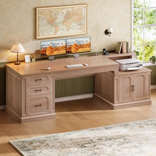 SEDETA Farmhouse 70.9" Executive Desk, Home Office Desk with File Drawers and Storage Cabinet, Computer Desk with Power Outlet for Home Office, Work Study Writing, Oak - Image 3