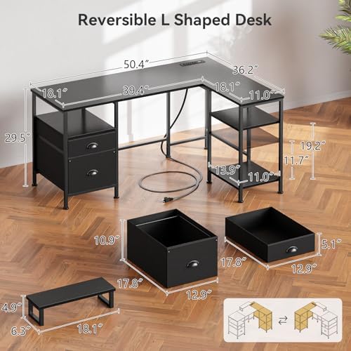 Furologee 50 Inch L Shaped Gaming Desk with Power Outlet and Drawers, Black - Image 3