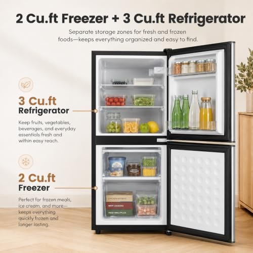 5 Cu.Ft Mini Fridge with Freezer, 2-Door Compact Refrigerator for Dorm/Office/Bedroom, Energy Efficient & Quiet, Silver - Image 4
