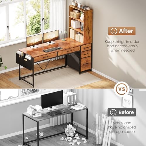 SEDETA Computer Desk with 5 Drawers and Bookshelf, Reversible Home Office Desk with Storage Shelves and File Drawer, Gaming Corner Desk with LED Lights for Small Spaces, Rustic Brown - Image 3