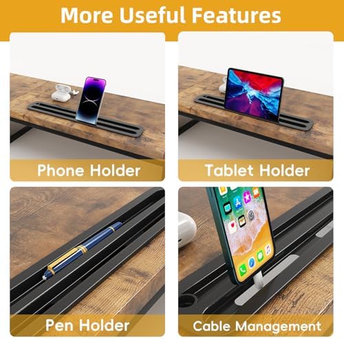 39 Inch Dual Monitor Stand Riser with 2 Drawers - Large Brown Wooden Computer Stand for 2 Monitors, Ergonomic Desk Organizer with Phone Holder, Desktop Storage for Laptop, Office Supplies, Home Office - Image 5