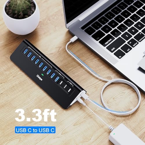 Powered USB Hub 10Gbps, intpw YH9AC 12-Port USB C Hub with 10Gbps USB C 3.2, 2 USB A 3.2, 7 USB 3.0, 2 PD 45W Charging Port, 65W Power Adapter + 3.3FT Cable, Aluminum USB Hub for Laptop/iPhone16/15/PC - Image 6