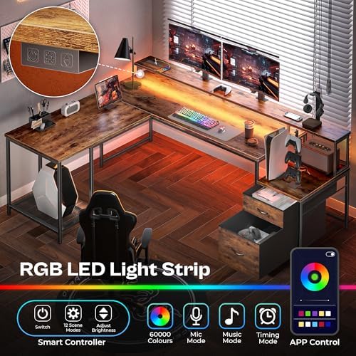 PRAISUN 66" L Shaped Gaming Desk with LED Lights & Power Outlets - Image 3