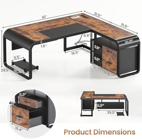 SEDETA 61" Executive L Shaped Desk with Drawer for Home Office,Rustic Brown - Image 2