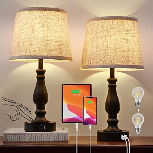 EJIAXIN Table Lamps Set of 2, Bedside Nightstand Lamps with USB Charging Ports,Dimmable Touch with Linen Fabric Lampshade, Modern Small Lamp for Bedrooms, Living Room (Bulbs Included) by WelcometoEJIAXIN