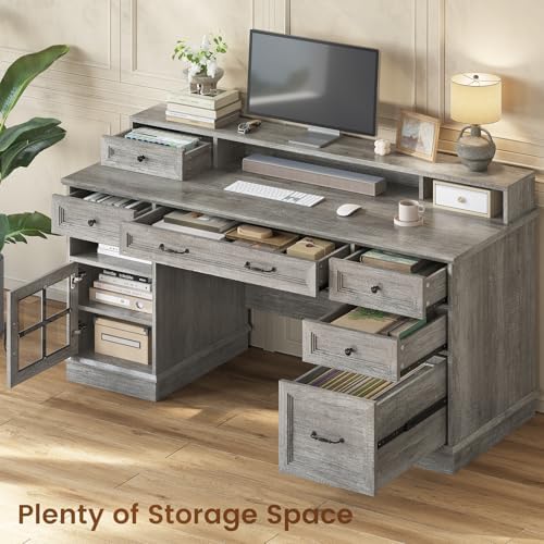 HAUOMS Farmhouse Executive Desk Computer Desk with Drawers，Grey - Image 4