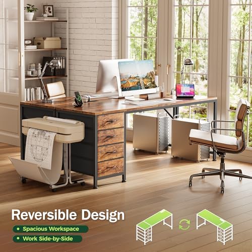 PRAISUN 63 Inch Computer Office Desk with Power Outelts and USB-C Port, Reversible Gaming Desk with 4 Fabric Drawers, Work Study Desk Work from Home, Rustic Brown - Image 4