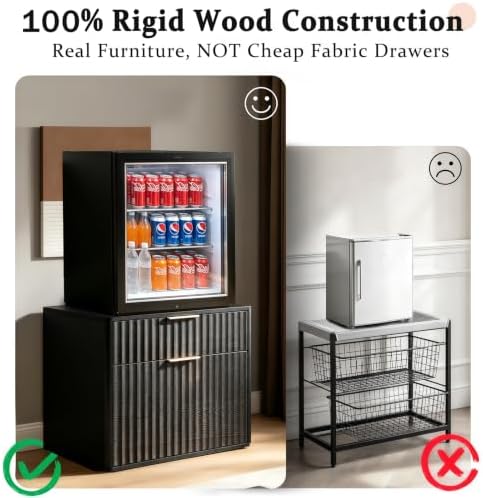 Mini Fridge Stand with Storage, Fluted Mini Fridge Cabinet with 2 Drawers, Wood Refrigerator Table Stand for College Dorm Room, Home Office & Bedroom, Black, 22.4" W - Image 3