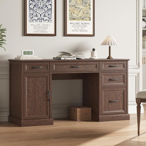 CARPETNAL 58'' Farmhouse Executive Desk with Drawers, Home Office Desk with File Drawer and Storage Cabinet, Rustic Computer Desk for Working, Studying, Writing, Brown by CARPETNAL