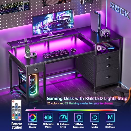 Furologee 52" Gaming Desk with 4 Drawers & LED Lights, Power Outlet, Black - Image 6