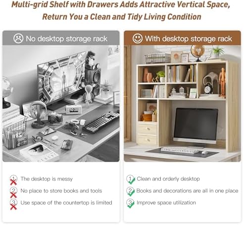 REIBII Desktop Bookshelf, 8 Shelves Desk Hutch for Dorm Room, Natural - Image 4