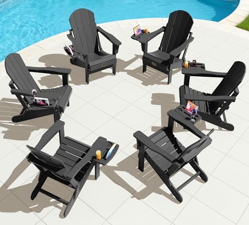SERWALL Folding Adirondack Chair, 4 in 1 Cup Holder Patio Chair - Black by SERWALL