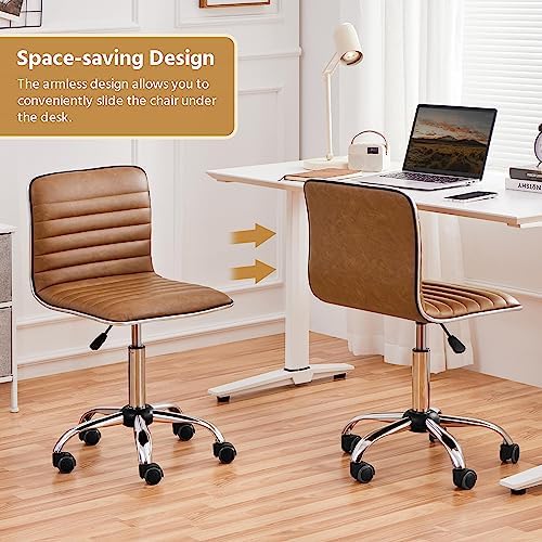 Yaheetech Retro Brown Armless Vanity Desk Chair with Wheels, Ribbed PU Seat - Image 4