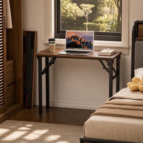 Folding Table Computer Desk - 35.8" No Assembly Folding Desk Design and Foldable Office Desk, Small Desk for Bedroom, Compact Storage Portable Use for Dorm and RV Small Space, Dark Walnut - Image 2