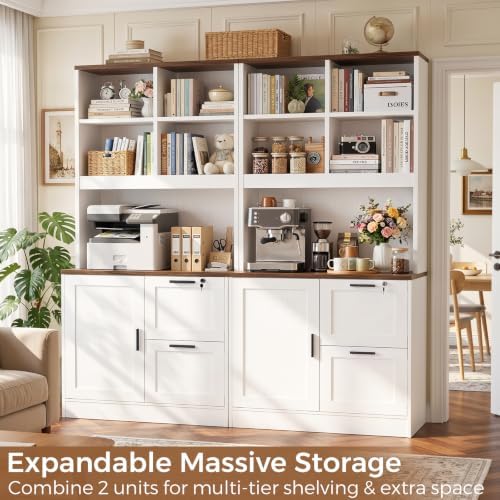 Vertical File Cabinet Bookcase with Printer Stand & Charging Station, White - Image 4