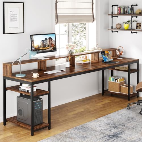 Tribesigns Two Person Desk with Monitor Stand, 78.74" Long Double Computer Office Desk with Storage Shelves, Large Gaming Study Writing Table Workstation for Home Office (Rustic Brown) - Image 4