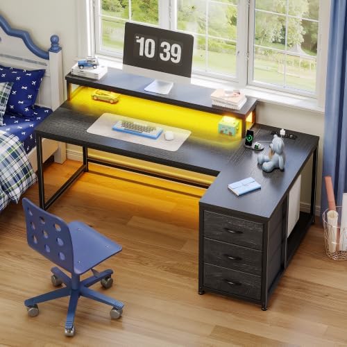 EnHomee 55" L Shaped Gaming Desk with 3 Storage Drawers & LED for Bedroom - Image 2