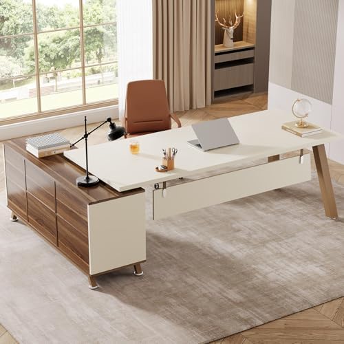 Tribesigns 78.7-Inch Executive Desk, L-Shaped Desk with 55-Inch Cabinet, Large Office Desk with Storage Shelves, Modern Computer Desk for Home Office, White & Walnut by Tribesigns