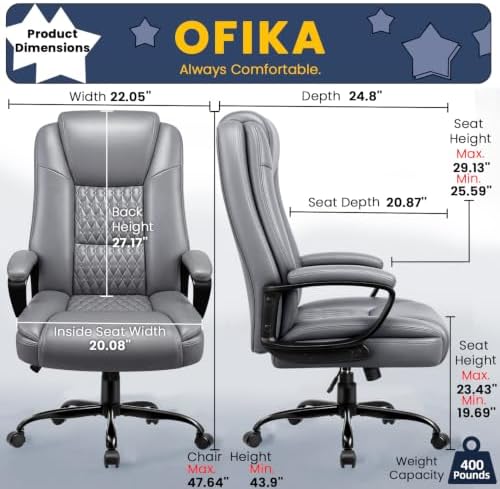 OFIKA Leather Office Desk Chair,Ergonomic Office Chair with Lumbar Support,Computer Chair,Executive Leather Chair with Padded Flip-up Arm,Adjustable Armrests, Black,275LBS - Image 3