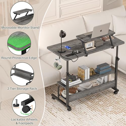 Height Adjustable Standing Desk with Power Outlets and LED Lights - 32" Manual Stand Up Desk with Monitor Stand and Storage Shelves Small Mobile Rolling Computer Desk Portable Laptop Table, Grey Oak - Image 6