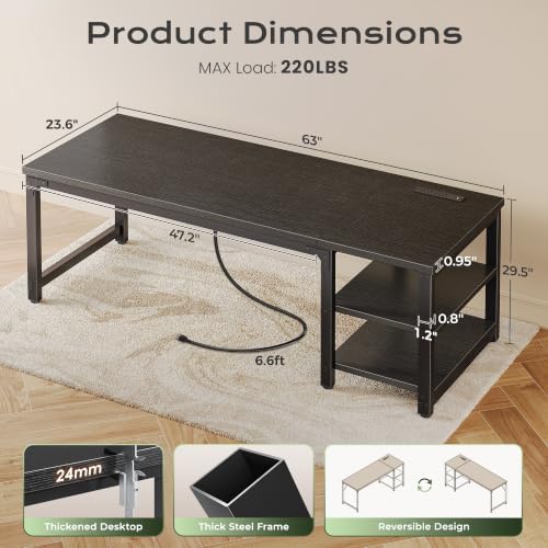 Huuger 63'' x 23.6'' Computer Desk with Power Outlets, 0.95'' Thick Desktop - Image 2