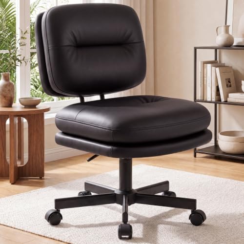 COMHOMA Home Office Desk Chair with Comfy Lumbar Support, Small Vanity Chair with Wheel for Bedroom, Thick Padded & Armless, 19.1"-25.4" Height Adjustable, Soft PU Leather, Black by ComHoma