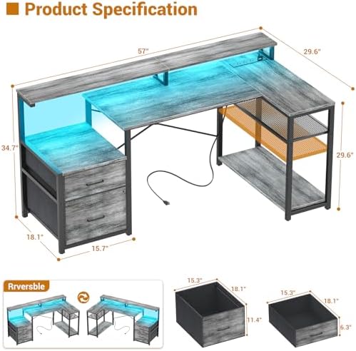 Aheaplus L Shaped Desk with File Drawer, Reversible L Shaped Gaming Desk - Image 2