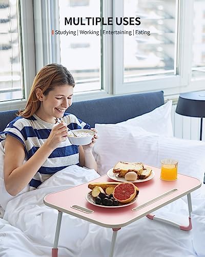 FISYOD Foldable Laptop Table, Portable Lap Desk Bed Table Tray, Laptop Stand with Cup Holder & Tablet Slot & Lifting Handle for Working Writing Drawing & Eating (Pink) - Image 2