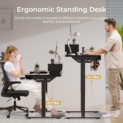 GTPLAYER Electric Standing Desk with Drawers, 48 x 24 Inch Height Adjustable Gaming Desk with Monitor Stand, Power Outlets & LED Lights, Home Office Sit Stand Up Desk with Memory Preset (Black) - Image 3