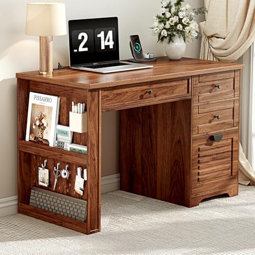 Ieejdn 47" Home Office Desks, Executive Desk, Farmhouse Computer Desk with Drawers and Charging Station, File Drawer, Storage Cabinet, Rustic Computer Writing Desk,Antique Tan - Image 6