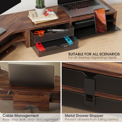 Fenge Dual Monitor Stand, Corner Desk Shelf with Drawer & Slide-Out Tray - Image 5