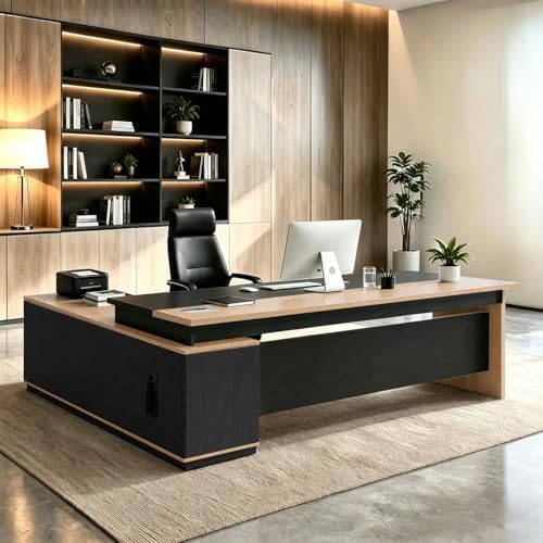 L Shaped Executive Desk with Drawers, Large Wood Workstation, Modern Executive Office Furniture for Home Office and Business Workspace, Multiple Sizes & Colors by Unknown