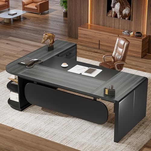 Tribesigns 80'' L-Shaped Desk, Large Executive Office Desk with 55'' Drawers Cabinet, Modern Commercial Office Table with Storage Shelves, Business Furniture for Home Office, Grey & Black - Image 5