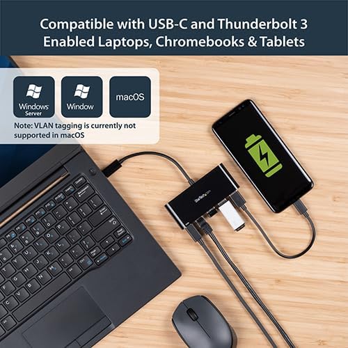 StarTech.com USB C to Ethernet Adapter - 3 Port - with Power Delivery (USB PD) - Power Pass Through Charging - USB C Adapter (US1GC303APD) Black - Image 3