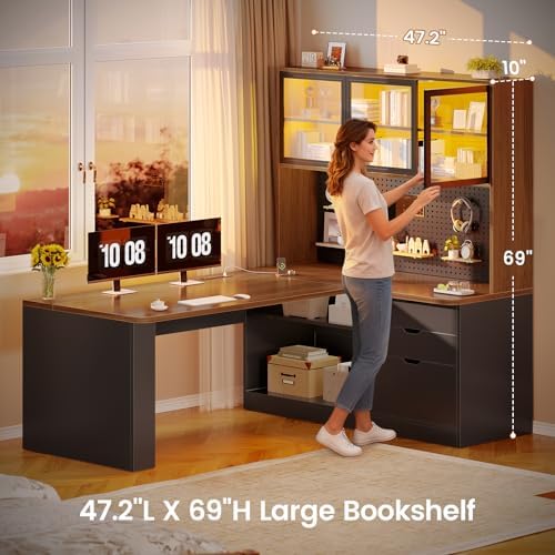SEDETA L Shaped Computer Office Desk with 3 Wood Drawer and Large Bookshelf - Image 2