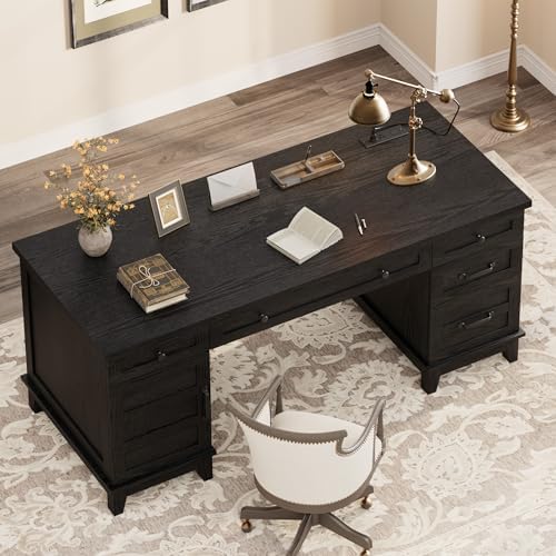 Garvee 60" Wooden Home Office Desk with File Drawers, Executive Desk with Adjustable Cabinet, Farmhouse Wood Desk with Power Outlet, Distressed Study and Work Table, Rustic Black - Image 3