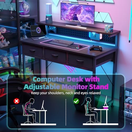 MUTUN Computer Desk with Drawers, 40 Inch Computer Desk with Power Outlet & LED Light, Gaming Desk with Adjustable Monitor Stand & Pegboard, Modern PC Study Writing Table for Bedroom, Black - Image 4