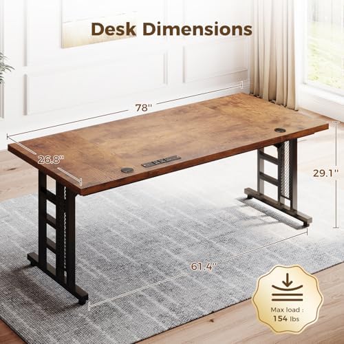 OffiGo 78 Inch Executive Computer Desk with Outlets, Rustic Brown - Image 3