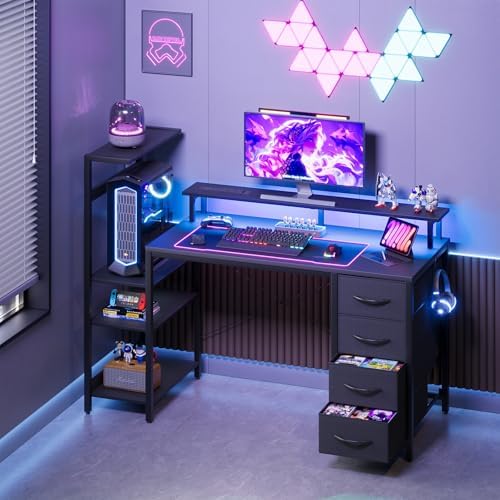 51in Gaming Computer Desk with Drawers & Power Outlet & LED Lights, Black - Image 2